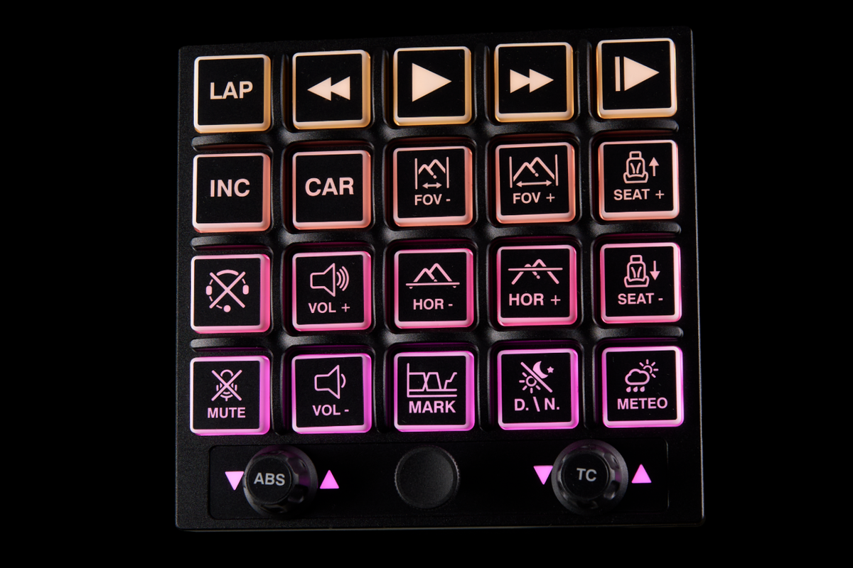 A 4x4 automotive steering wheel control panel with illuminated buttons and two rotary knobs on a black background.
