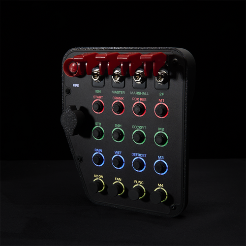 A black automotive dashboard control panel with red, green, blue, and yellow switches and knobs, photographed against a solid black background.
